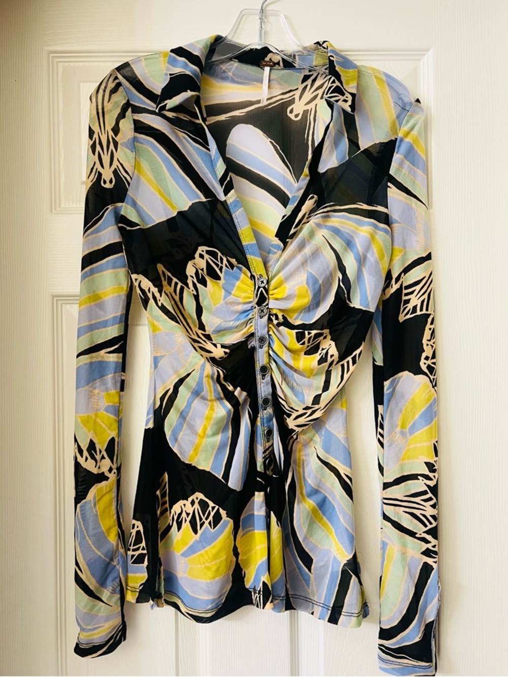 Free People Black Multi-Color Twist Front Button Blouse